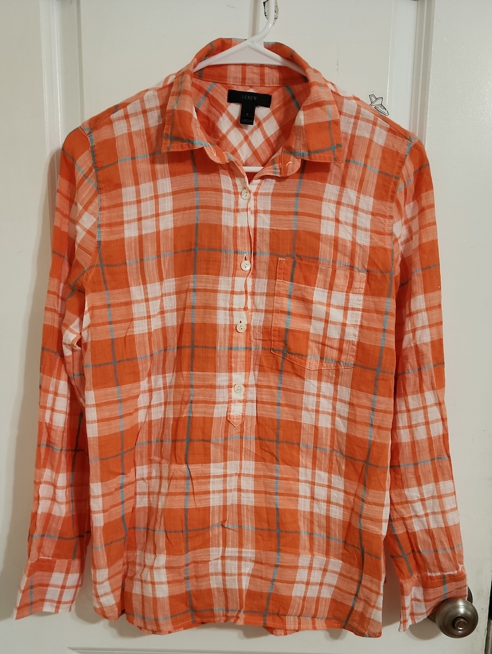 J. Crew Orange and White Plaid Button-Up Shirt